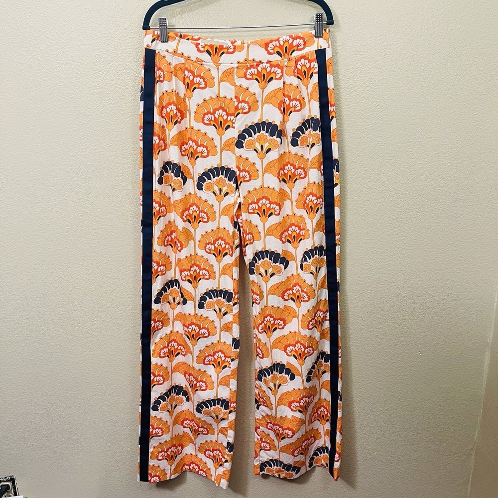Stefanel Italy Maximalist Floral Art Deco Pants Wide Leg Orange White Navy Sz 12